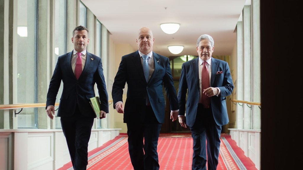 David Seymour, Christopher Luxon and Winston Peters on their way to sign the coalition agreement in 2023.
